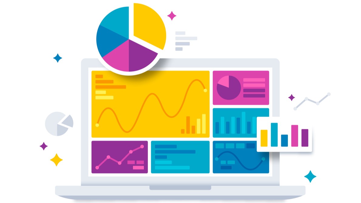 Illustration of laptop with charts and graphs