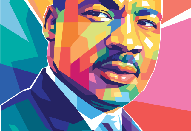 A rainbow digital painting of Dr. Martin Luther King, Jr. 