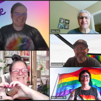 Screenshot of people on a video call celebrating Pride