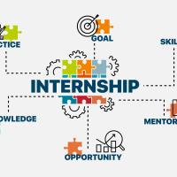 The word internship surrounded by icons 
